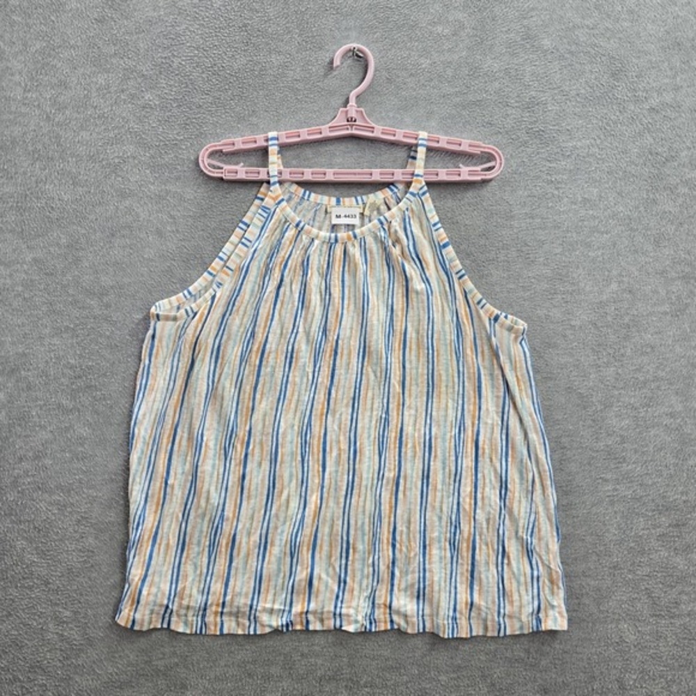 Christian Siriano Women Tank Top XL Blue Striped 100% Linen Striped High Neck